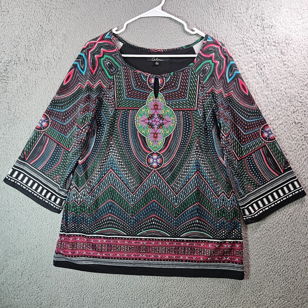 Calessa Tunic Top Blouse Women Large Stretch Colorful Geometric Black White Hem